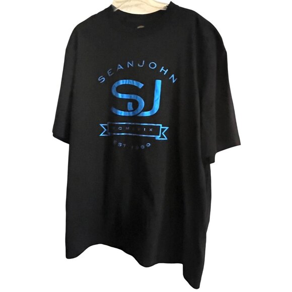 P. Diddy Sean John XXXL 3XL Original Fit Black & Metallic Bllue Branded Tshirt C - Picture 1 of 12